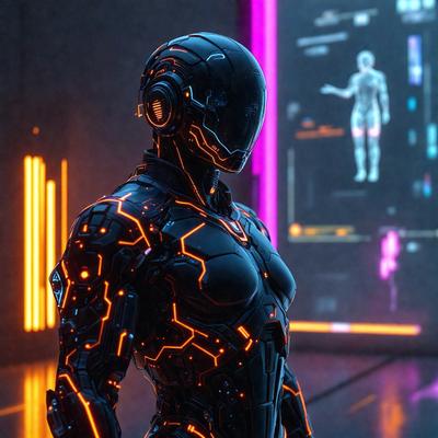 The primary subject of the image is a futuristic robot with a metallic, neon-colored appearance. The robot is standing in a room with a backdrop of a large screen, which adds to the futuristic atmosphere. The visual style of the image is a combination of photo and digital art, creating a unique and captivating scene. The dominant colors in the image are neon shades, which contribute to the robot's futuristic and technological appearance.